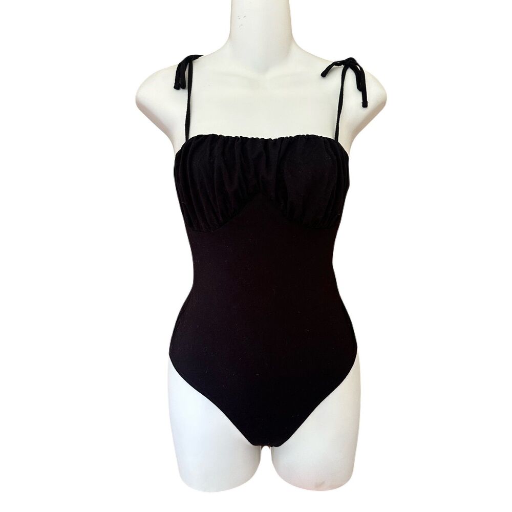 Forever 21 Black Milkmaid Bodysuit Tie Strap Sweetheart Snap Bottom Small